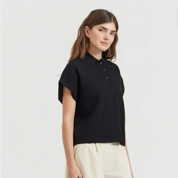 There-Elsewhere Black Collared Compact Knit Top S/M - Picture 4 of 11